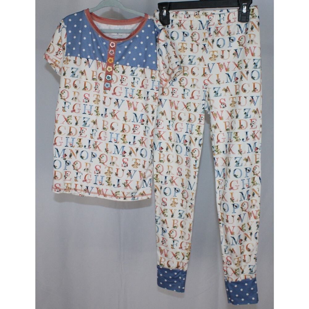 Matilda Jane Alphabet Pajama Set Girls Size 10 Blue Polka Dot Trim EUC